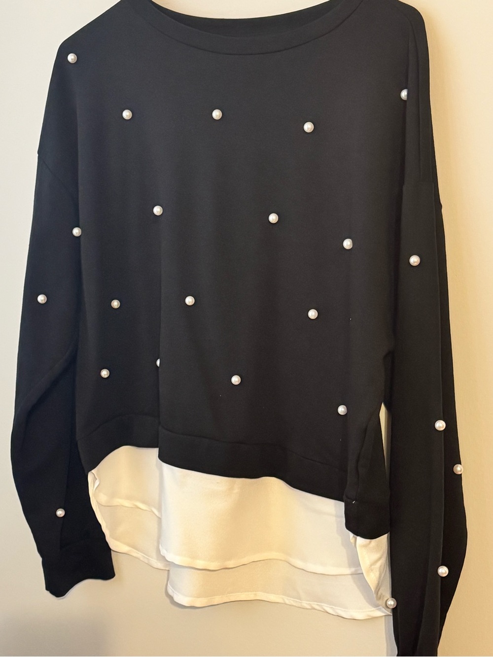 Black Pearl-Embellished Layered Hem Top